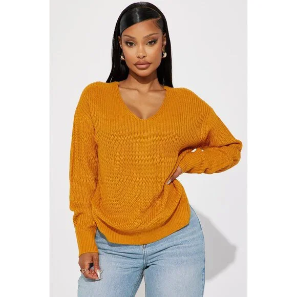 NWT Fashion Nova Cable Knit Knot Back Sweater in Mustard Size Medium - Picture 3 of 4